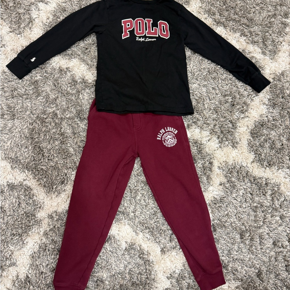 Kids Polo by Ralph Lauren Black Top & Burgundy Jogger Set